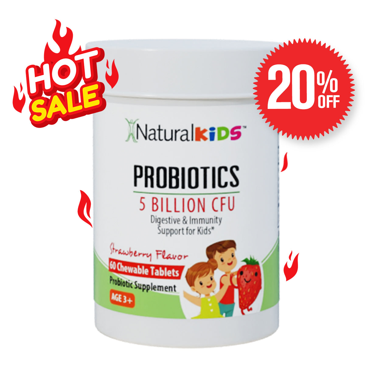 NaturalKids® PROBIOTICS™ | Compresse masticabili 5 miliardi di UFC per porzione | Compresse probiotiche masticabili 60 compresse masticabili | Gusto fragola