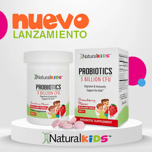 NaturalKids® PROBIOTICS™ Tabletas masticables 5 mil millones de UFC por porción | Probióticos en tableta masticable 60 tabletas masticables | Sabor Fresa